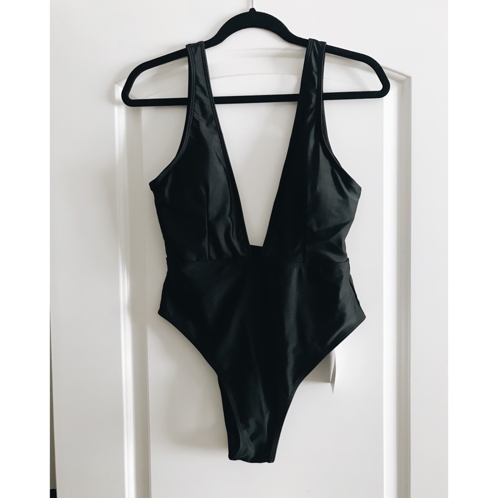 Black high cut plunge neck swimsuit